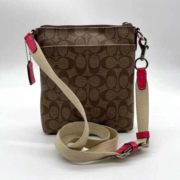 Coach Brown Coated Canvas Signature Pink Stripe Swingpack Bag - Picture 2 of 13